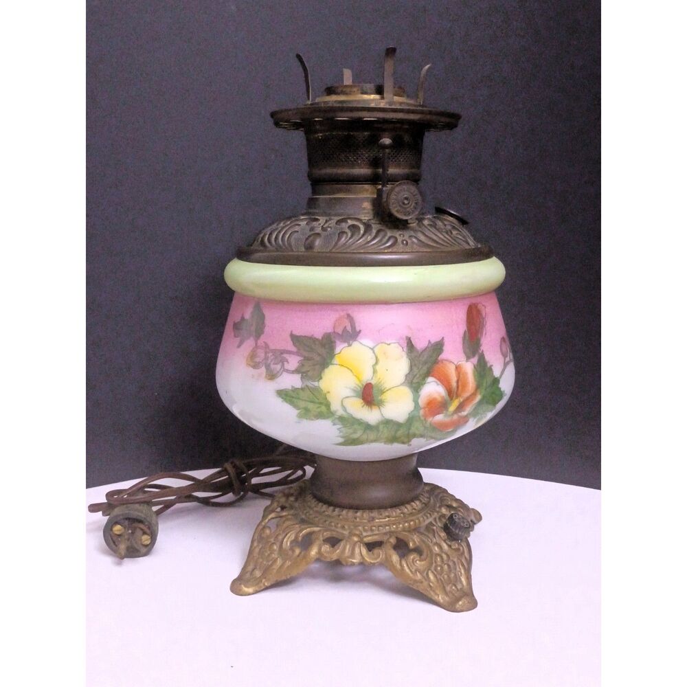 Antique Victorian Mount Washington Art Glass Oil Lamp Floral Design No Shade